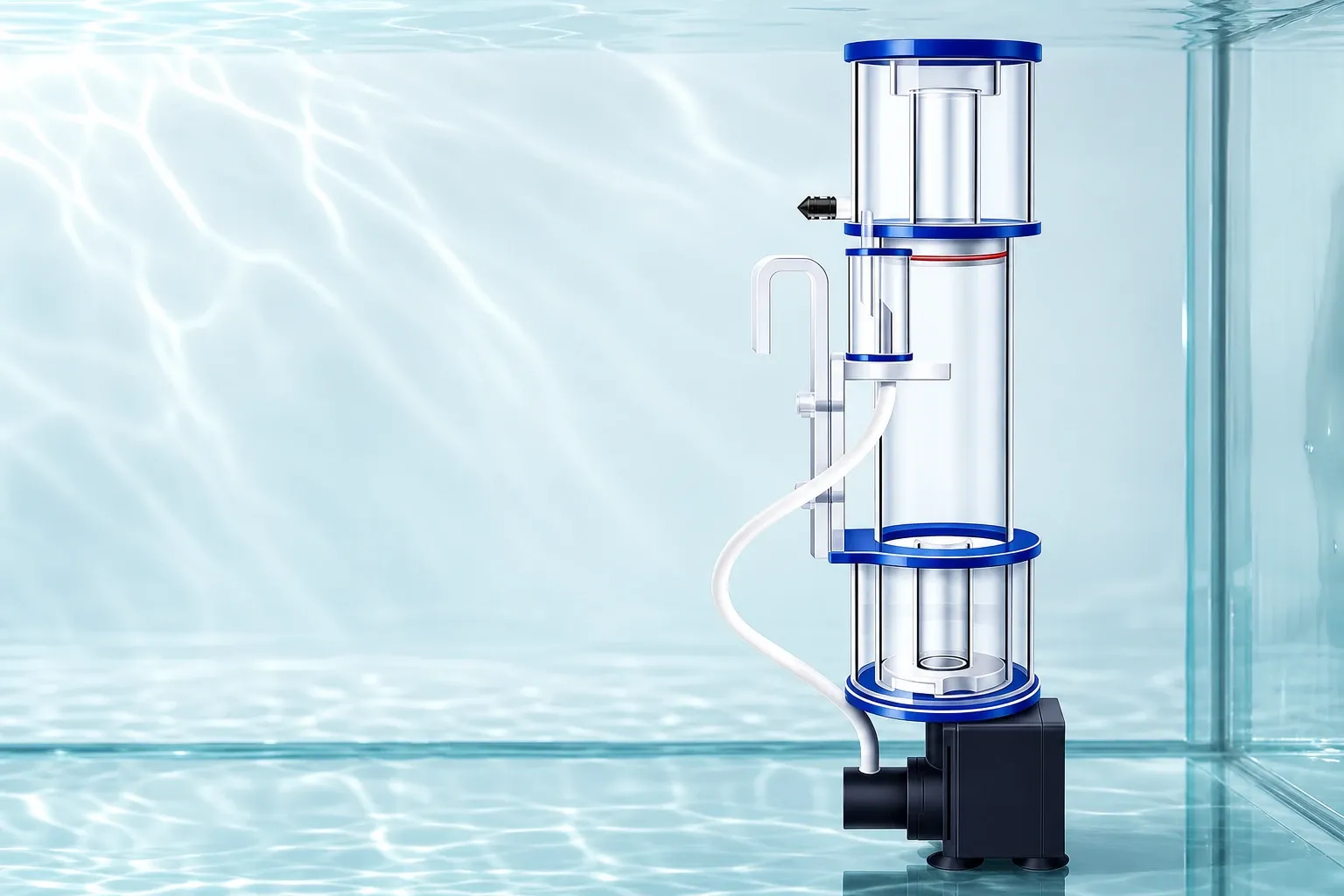 Compact adjustable aquarium surface skimmer in a clear blue-lit aquarium, showing the transparent cylindrical body, inlet tube and pump base for removing surface film.