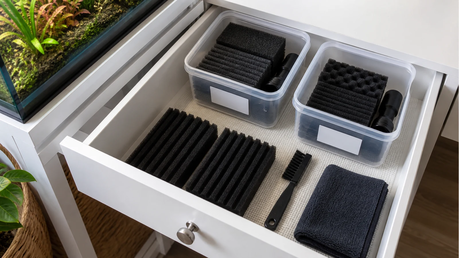 Replacement aquarium skimmer sponges stored separately for main and quarantine tanks