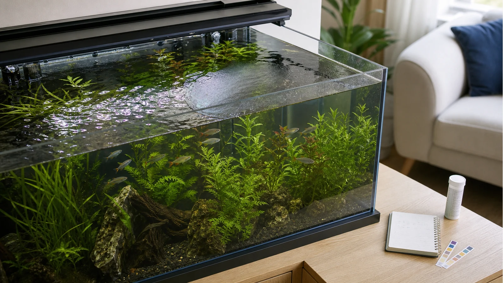 Aquarium surface film being checked with water test strips before choosing a surface skimmer