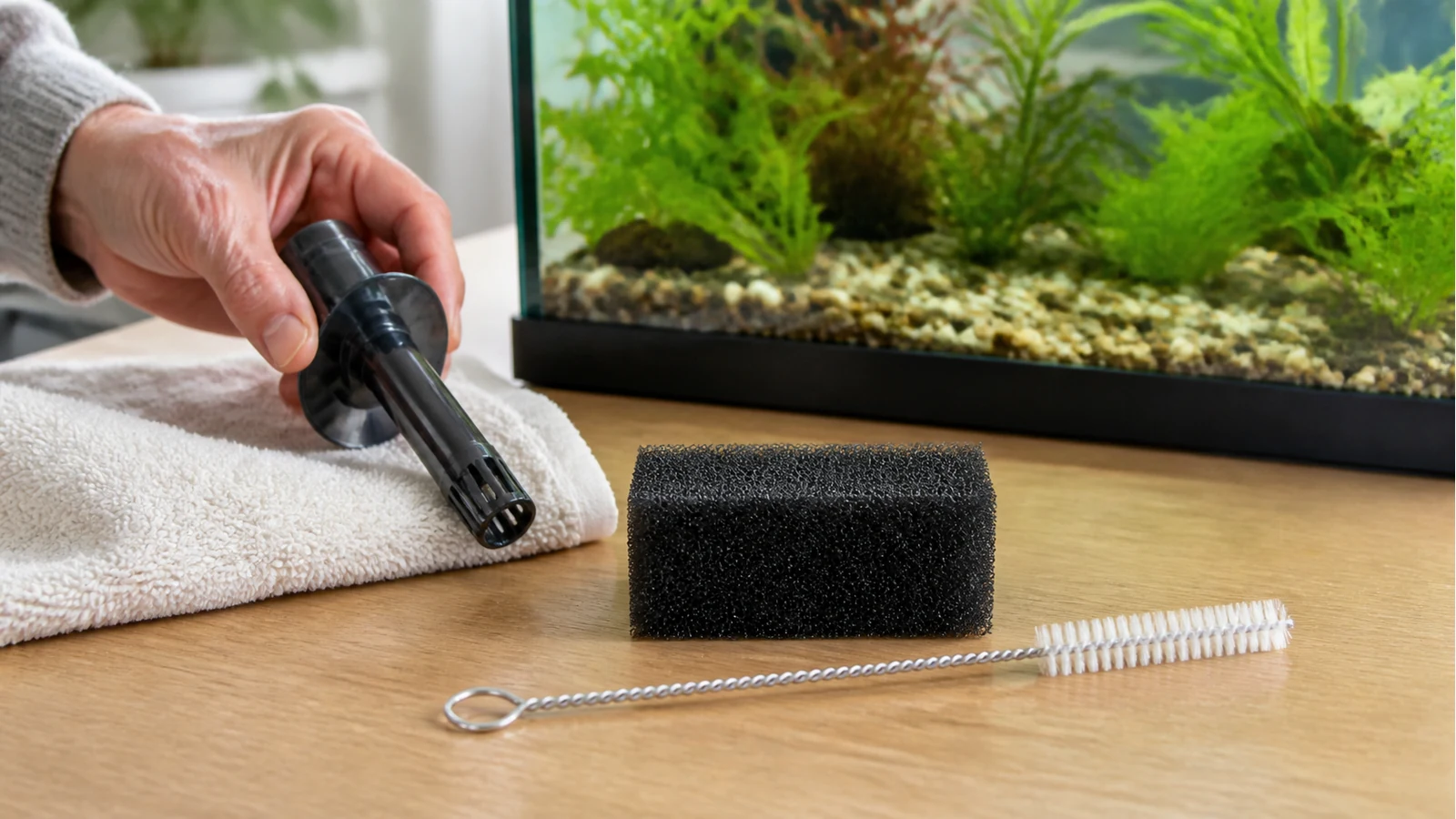 Aquarium surface skimmer sponge and cleaning brush laid out for easy maintenance