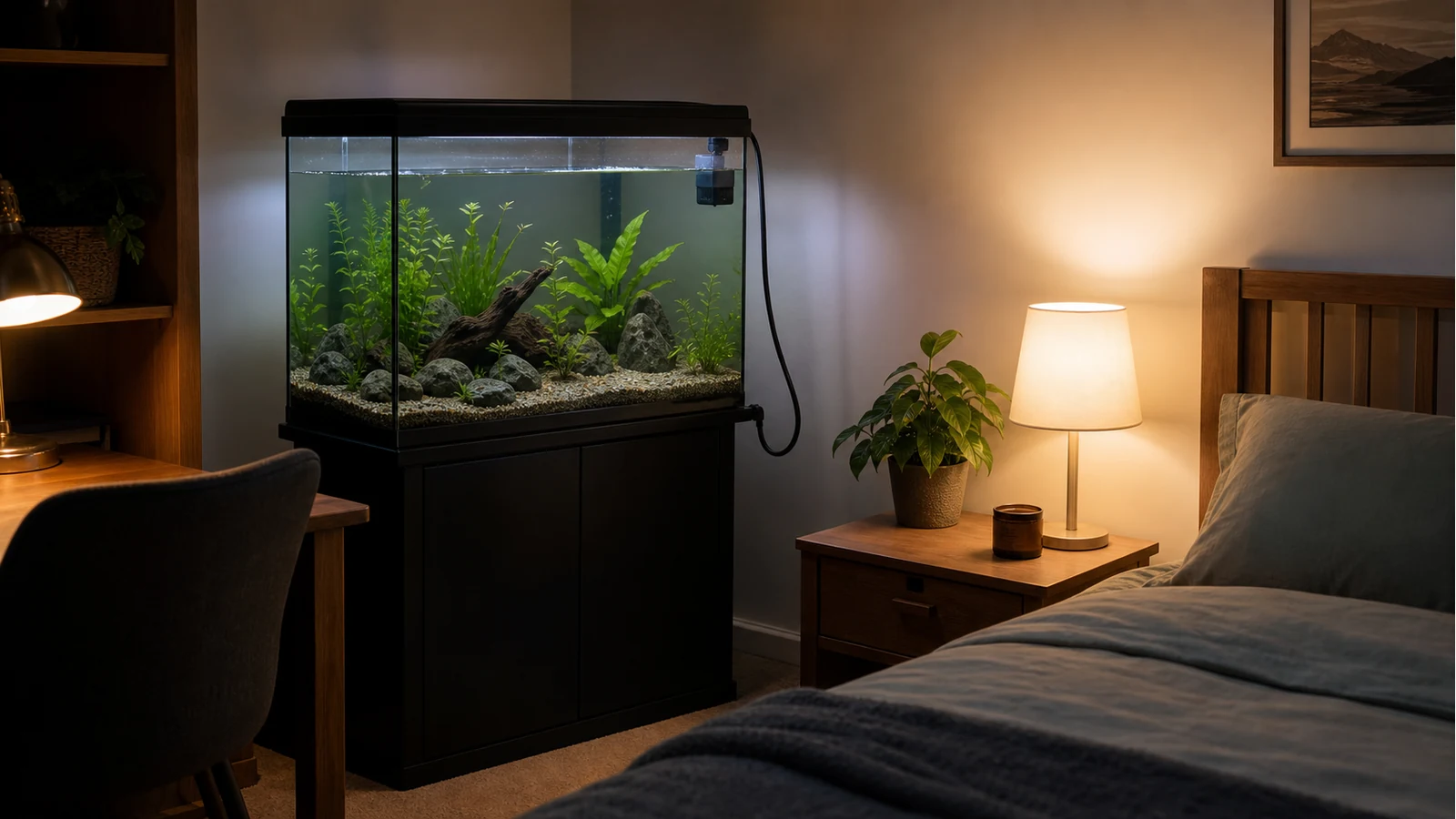 Quiet bedroom aquarium setup with a surface skimmer position checked at the waterline