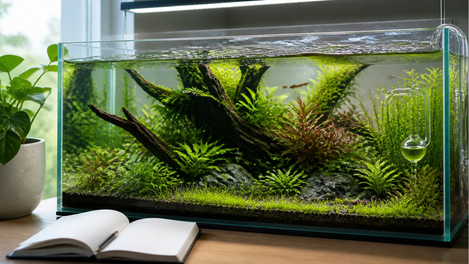 Planted aquarium surface skimmer tuning with CO2 monitoring
